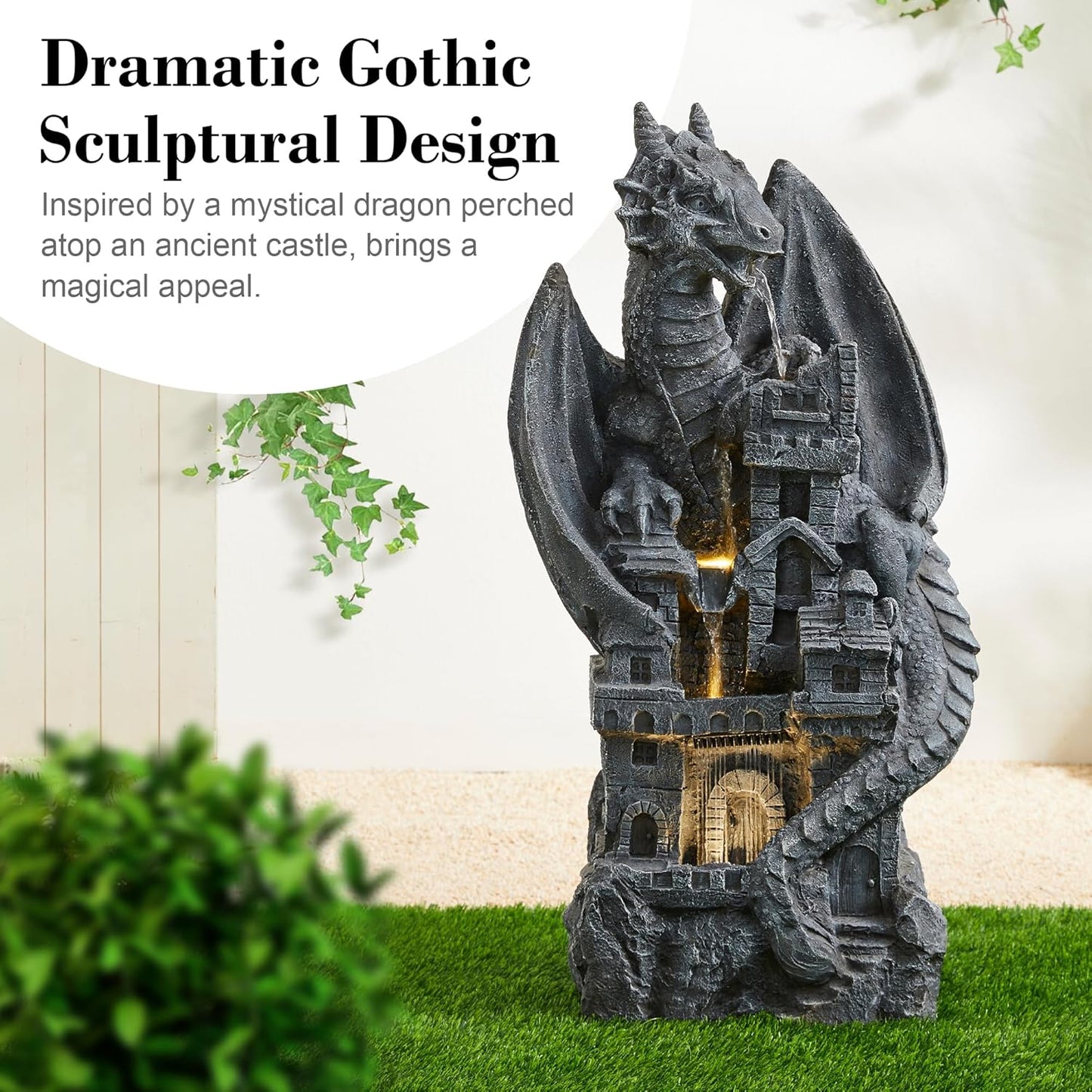 Glitzhome 4-Tiered Cascading Outdoor Water Fountain for Garden Patio Yard Mystical Gothic Dragon Water Fountains Outdoor with LED Lights & Pump, Large Floor Stand Fountain Dragon Waterfalls 36.5" H