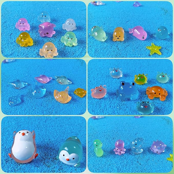 Luminous Ocean Mini Resin Animals Figures, 100 Pcs Glow in The Dark Tiny Plastic Animals Sea Creatures Miniature Figurines to Hide