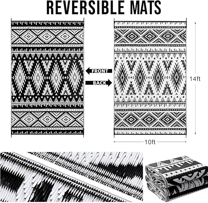 OLANLY Outdoor Rug Waterproof 10x14 ft, Reversible Outdoor Plastic Straw Rug, Boho Patio Rug, Indoor Outdoor Carpet, RV Mat Outside for Patio, Camp, Picnic, Balcony, Deck, Backyard, Black & White