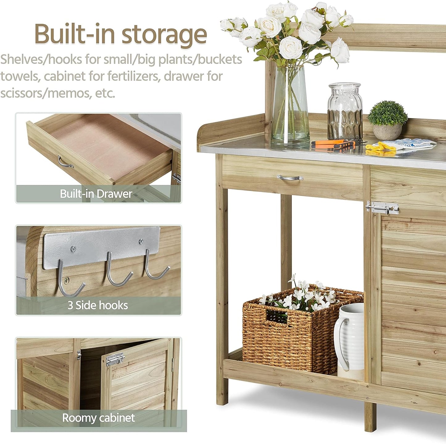 Yaheetech Outdoor Potting Bench Table, Garden Work Bench w/Metal Tabletop Work Station w/Cabinet Drawer, Open Top&Lower Shelf, Handy Hooks, ACQ Lumber Wood, Light Green