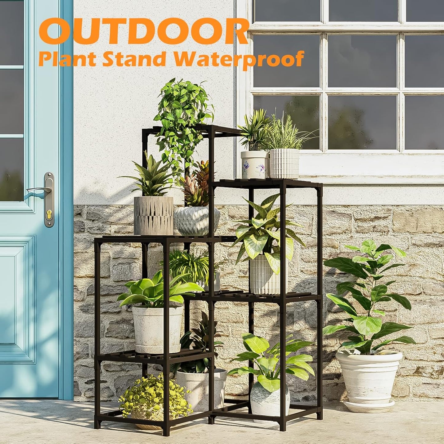 Bamworld Outdoor Black Corner Plant Shelf/Holder - 7-Tier Stands for Multiple Plants - Patio, Balcony, Garden