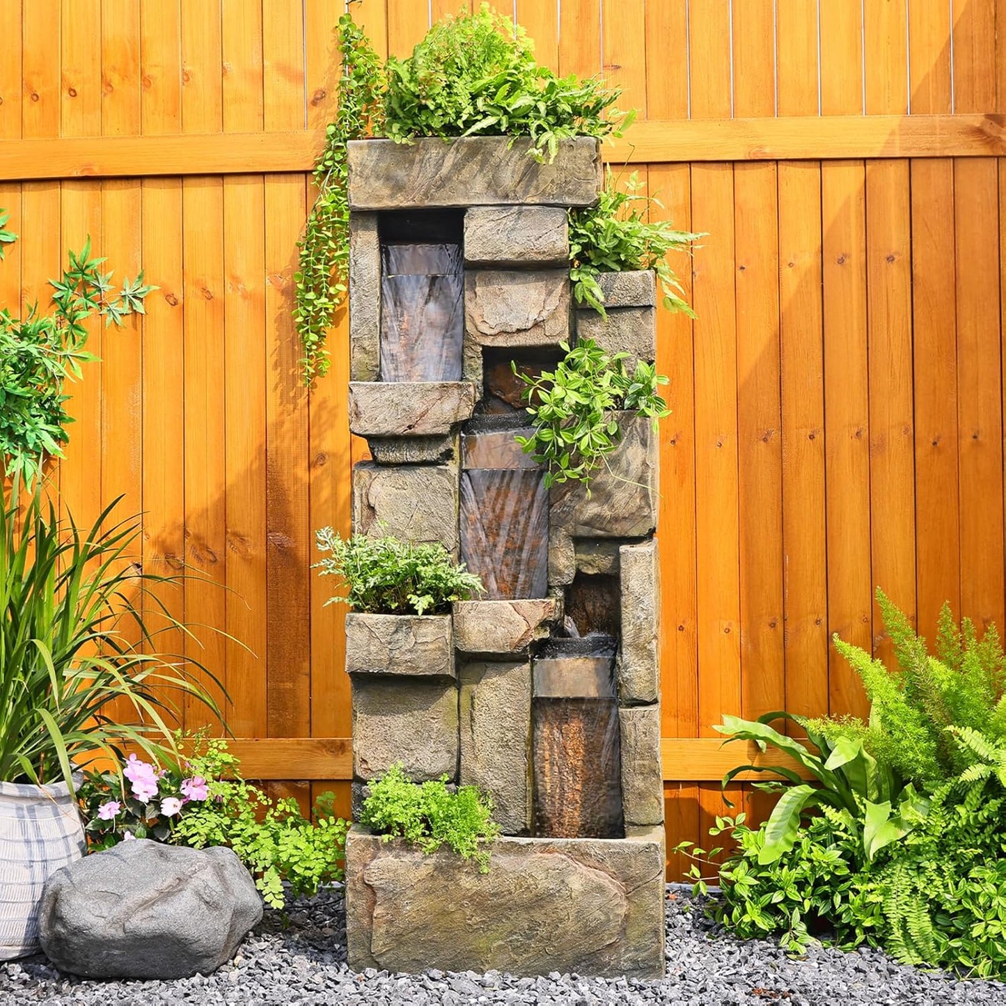 Garden Outdoor Water Fountain, 56.3" H 3-Tiered Imitation Rock Waterfall Fountain with LED Lights and Pumps for Garden, Patio, Backyard, Deck, Porch and Home Art Decor