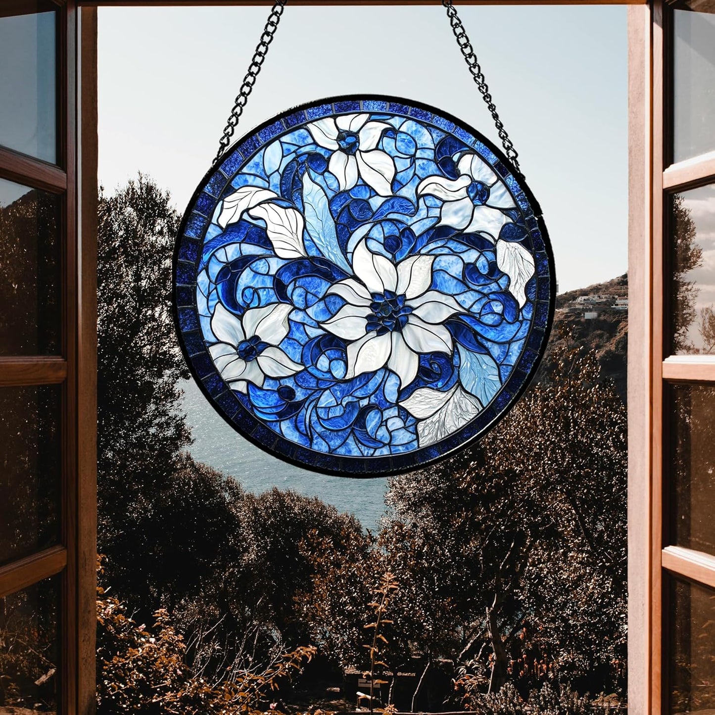 Stained Glass Window Hanging - Blue White Flowers Suncatcher for Doors Garden Patio Boho Style Sun Catchers Decor Christmas Mother's Day Birthday Gifts for Women Men Mom Nana Friend 6.3 in