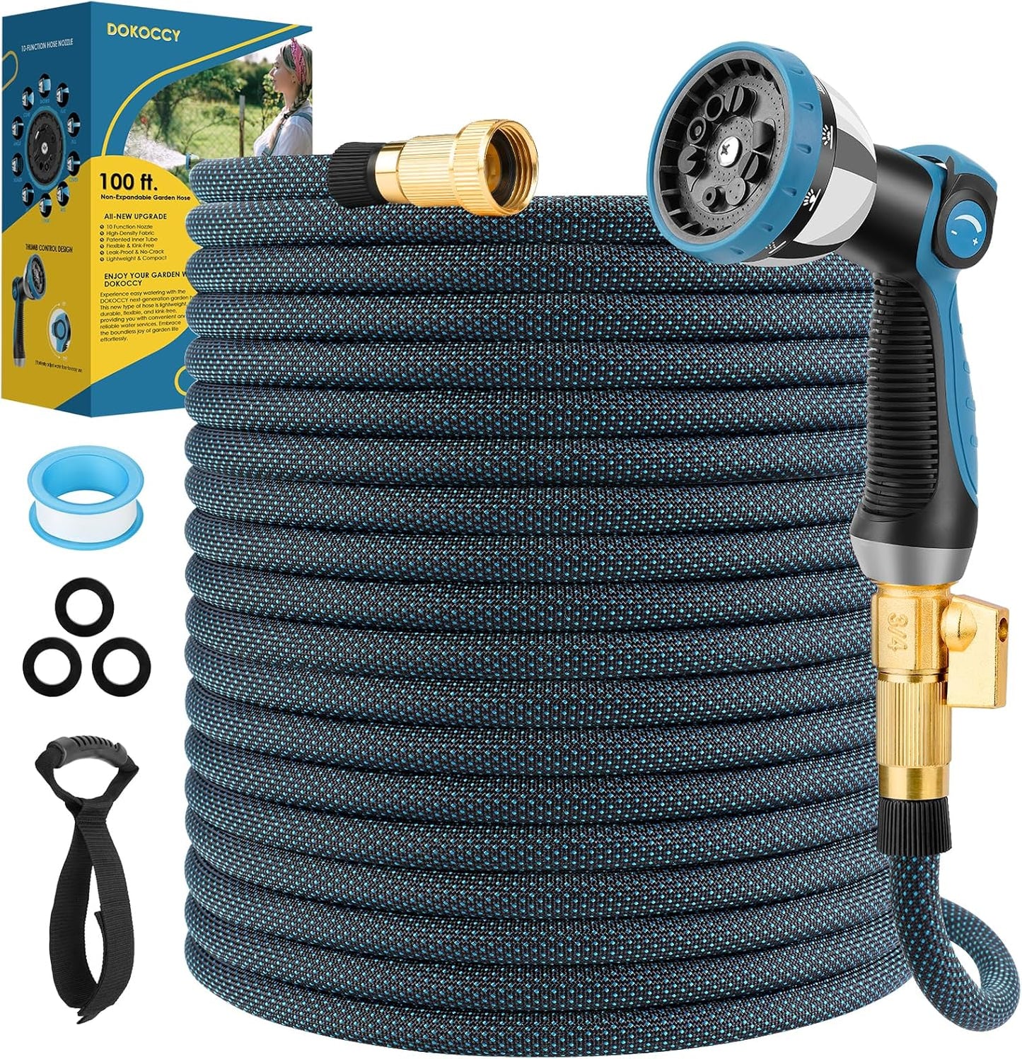 Non-Expanding Garden Hose 100 ft, Flexible Water Hose with 10 Function Spray Nozzle, Lightweight Hose Pipe, Leak-Proof, Durable, Kink-Resistant, 3/4 Inch Connector, Portable Storage Strap
