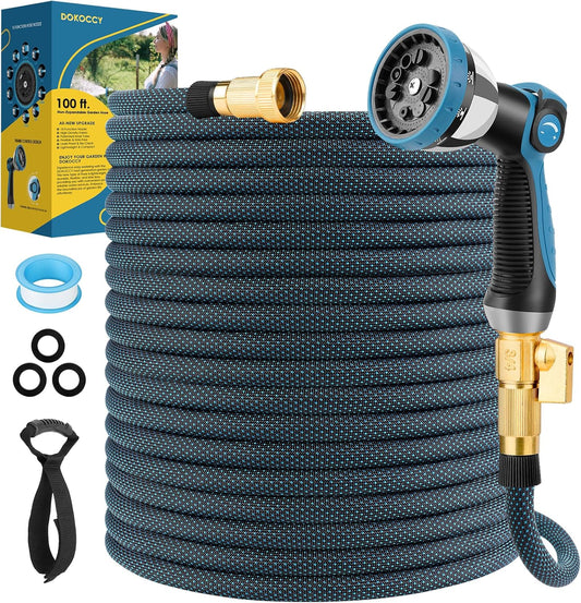 Non-Expanding Garden Hose 100 ft, Flexible Water Hose with 10 Function Spray Nozzle, Lightweight Hose Pipe, Leak-Proof, Durable, Kink-Resistant, 3/4 Inch Connector, Portable Storage Strap