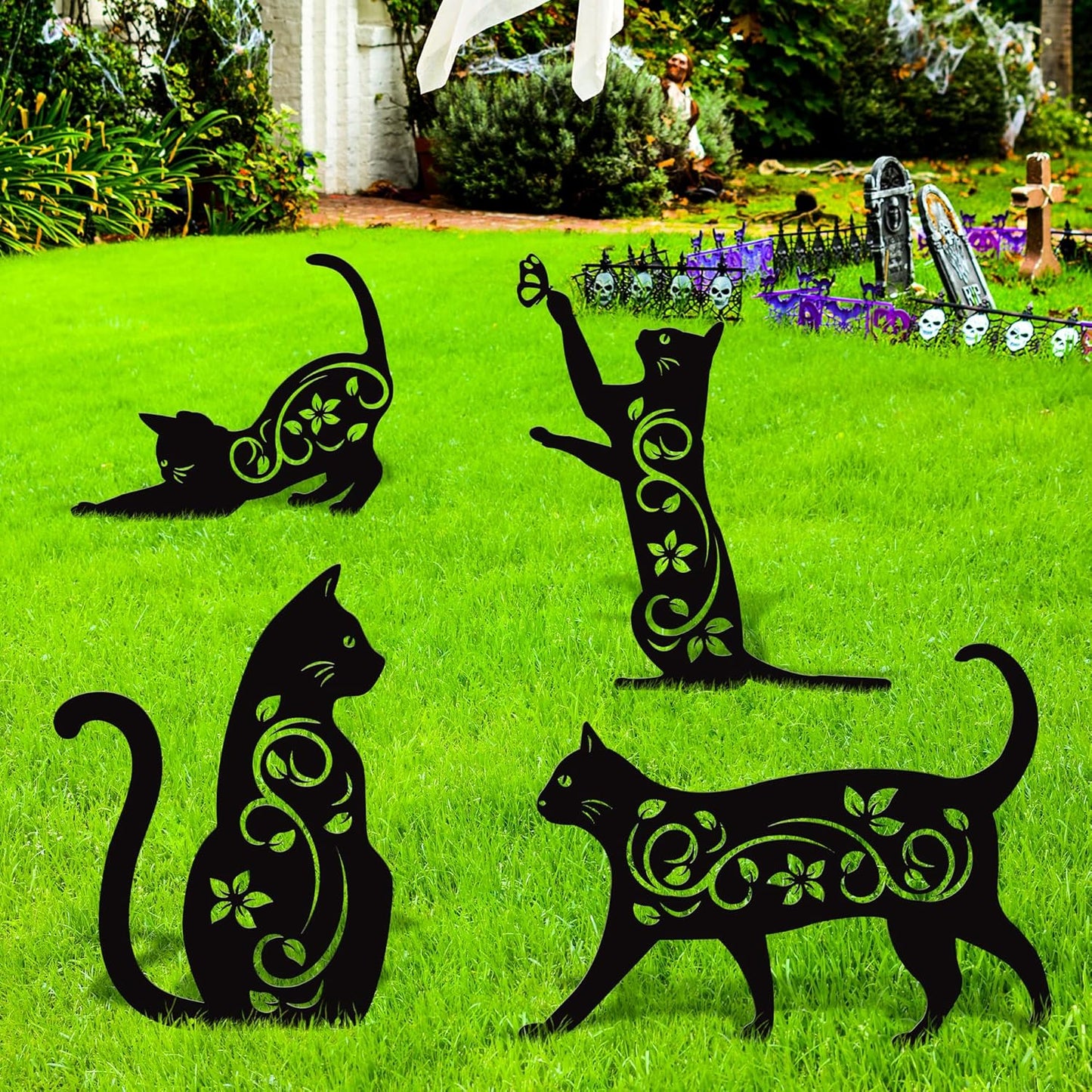 Elcoho 4 Pack Black Cat Silhouette Cute Metal Cat Garden Statues Bird Repellent Decorative Garden Stakes for Yard, Garden, Lawn Outdoor Decorations
