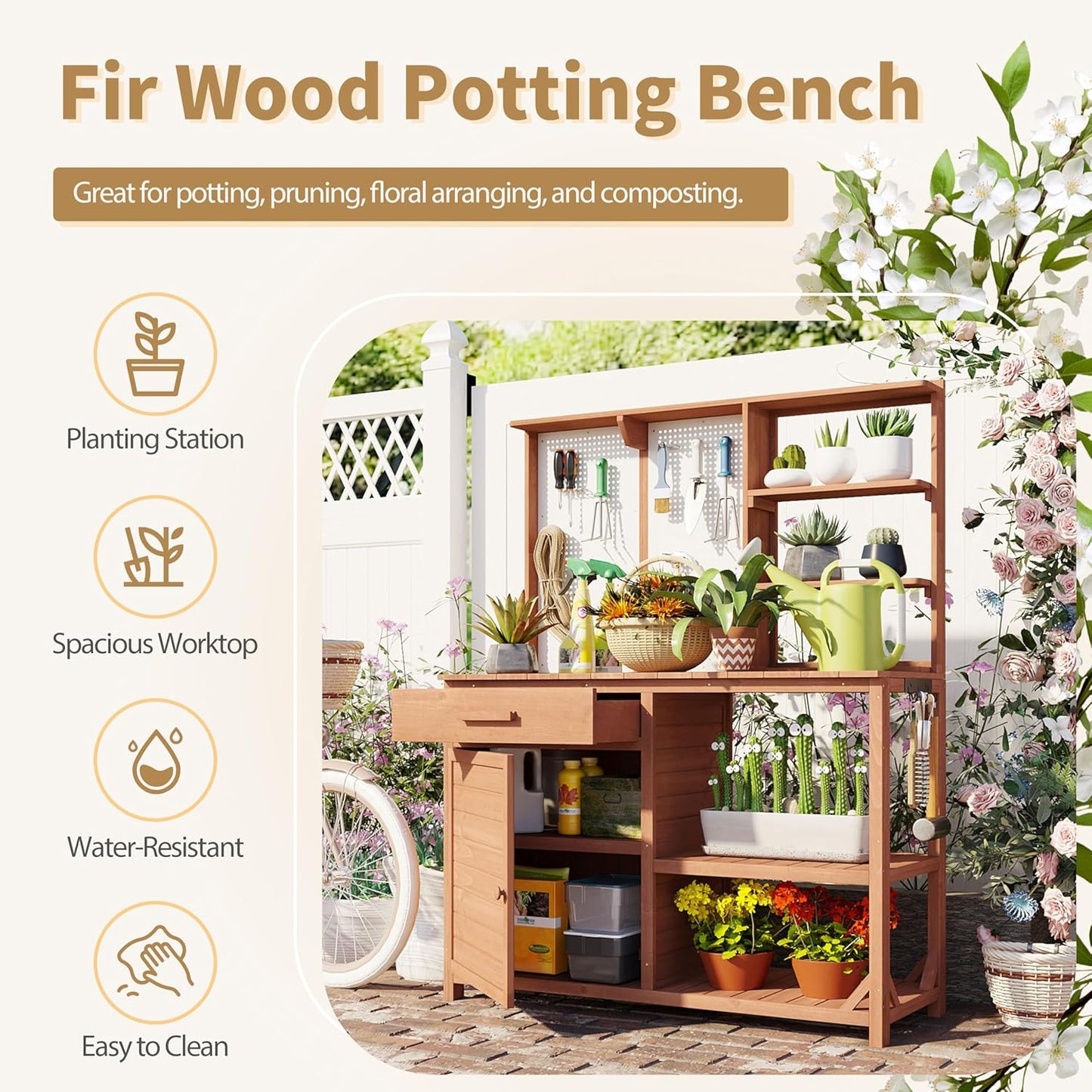 Fir Wood Potting Bench with Hutch - Outdoor Garden Workstation with 4 Shelves, Drawer & Adjustable Storage, 50.2" Countertop, & Pegboard (Brown + Wood + Rustic)