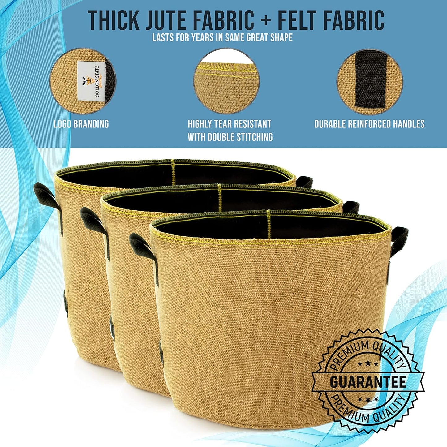Grow Bags: 5-Pack (Size: 20 Gallon): Thick Jute Material + Inside Felt Fabric Liner, w/Yellow Stitch. Very Biodegradable and eco-Friendly Material. (Handles + Dumping Handles-pat.Pend).