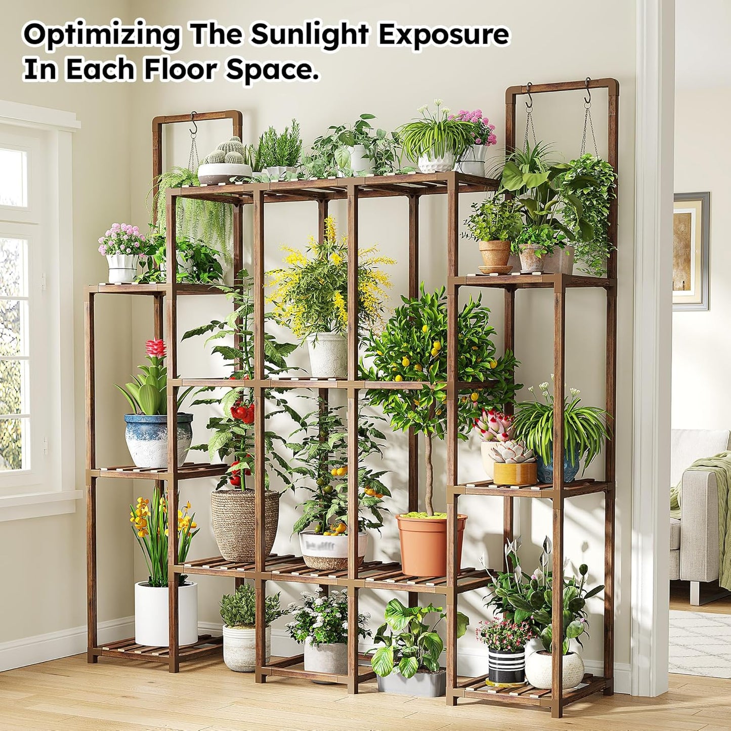 EnHomee Plant Stand Indoor for Multiple Plants Stand Outdoor with 18-22 Potted Double Rod for Hanging Plant Shelf 570 LBS Wood Plants Shelves for Living Room Patio Balcony Yard Garden 56''W×11.6''D×47''H