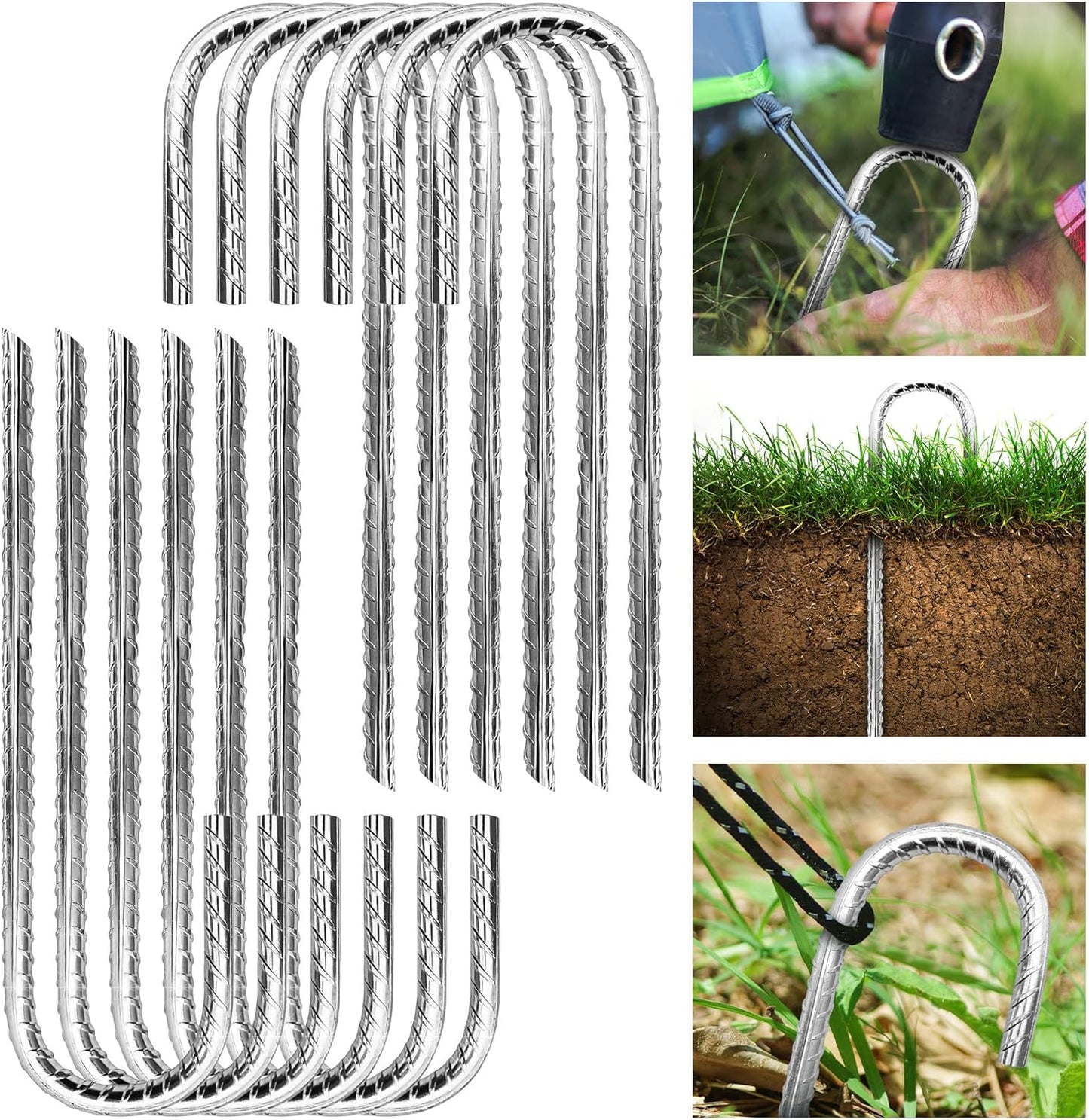 Pack 12 Galvanized Rebar Heavy Duty J Hook Ground Anchors, Tent Stakes, Steel Garden Stakes for Chain Link Fence