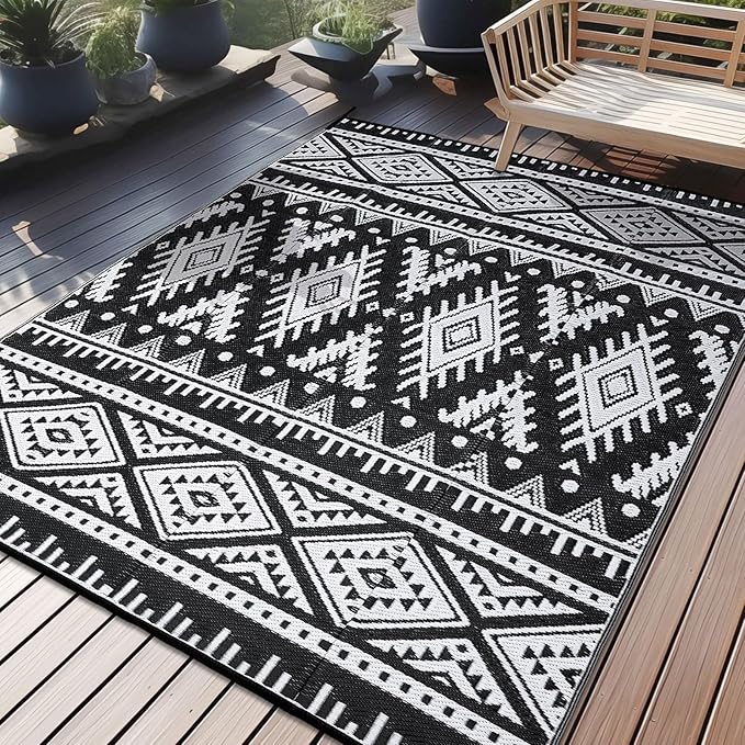 OLANLY Outdoor Rug Waterproof 9x18 ft, Reversible Outdoor Plastic Straw Rug, Boho Patio Rug, Indoor Outdoor Carpet, RV Mat Outside for Patio, Camp, Picnic, Balcony, Deck, Backyard, Black & White