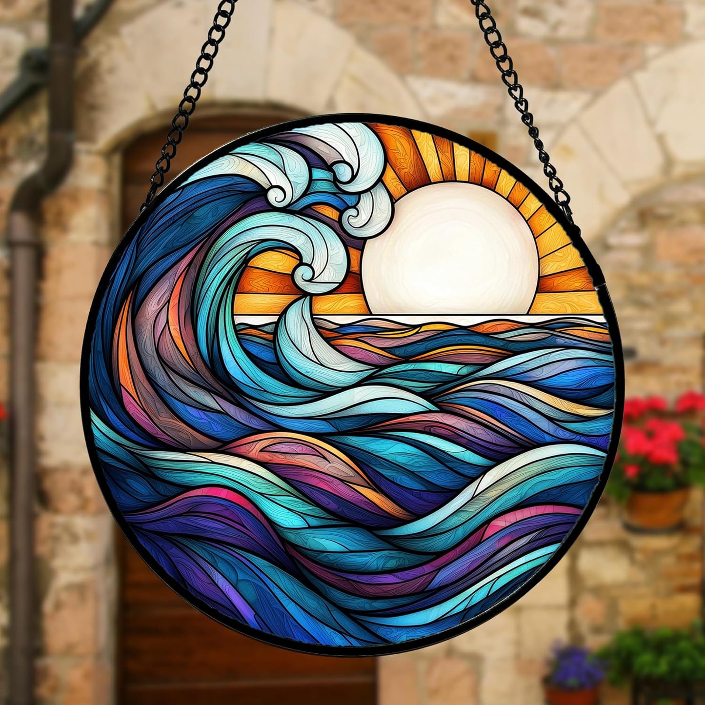 Stained Glass Window Hanging, Big Wave Sun Suncatcher Diamond Glass Panel Hangings Abstract Sun Catchers Decor for Birthday for Women, Men, Wife, Aunt, and Mom 9.8 in