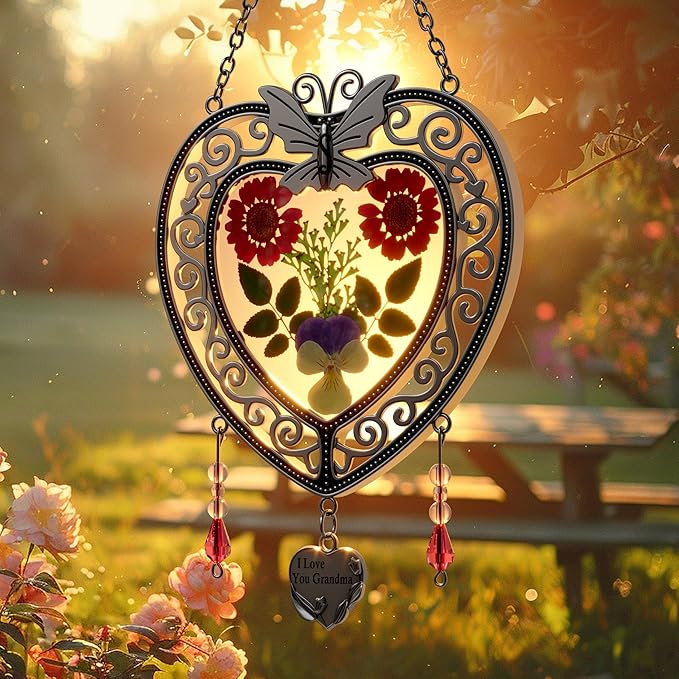 KY&BOSAM Tree of Life Heart Suncatcher I Love You Grandma Butterfly Hangings for Windows Suncatcher with Pressed Real Flower Heart and Charm Birthday Gifts for Women Mothers Day Christmas Ornament
