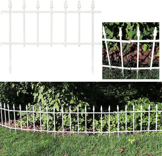 Sunnydaze 5-Panel Roman Iron Decorative Garden Fence Border - 9ft L x 18in H No Dig Metal Garden Fencing for Animal Barrier, Flower Bed, Yard - White