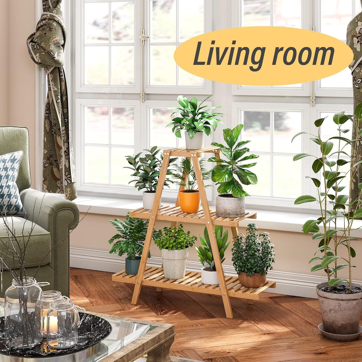 Bamboo Plant Stand - Indoor/Outdoor 3 Tier Plant Ladder, 8 Potted Flower Holder, Natural