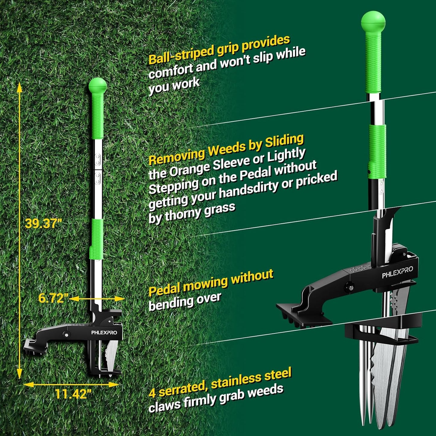 Stand Up Weeder Puller, 4-Claws Gardening Weeding Tools - Phlexpro 2025 New Upgraded Back-Saver 39.3" Long Handle Weed Puller Dandelion Remove Tool for Garden/Lawn/Patio/Farm Use