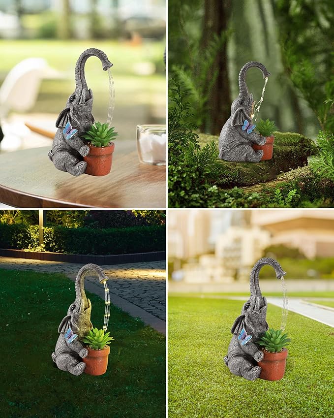 iStatue Solar Elephant Figurine with Succulent Plant Pot - 11'' Hand-Painted Lifelike Resin Lawn Ornaments Statue for Yard Art Garden Decor Gifts (Elephant)