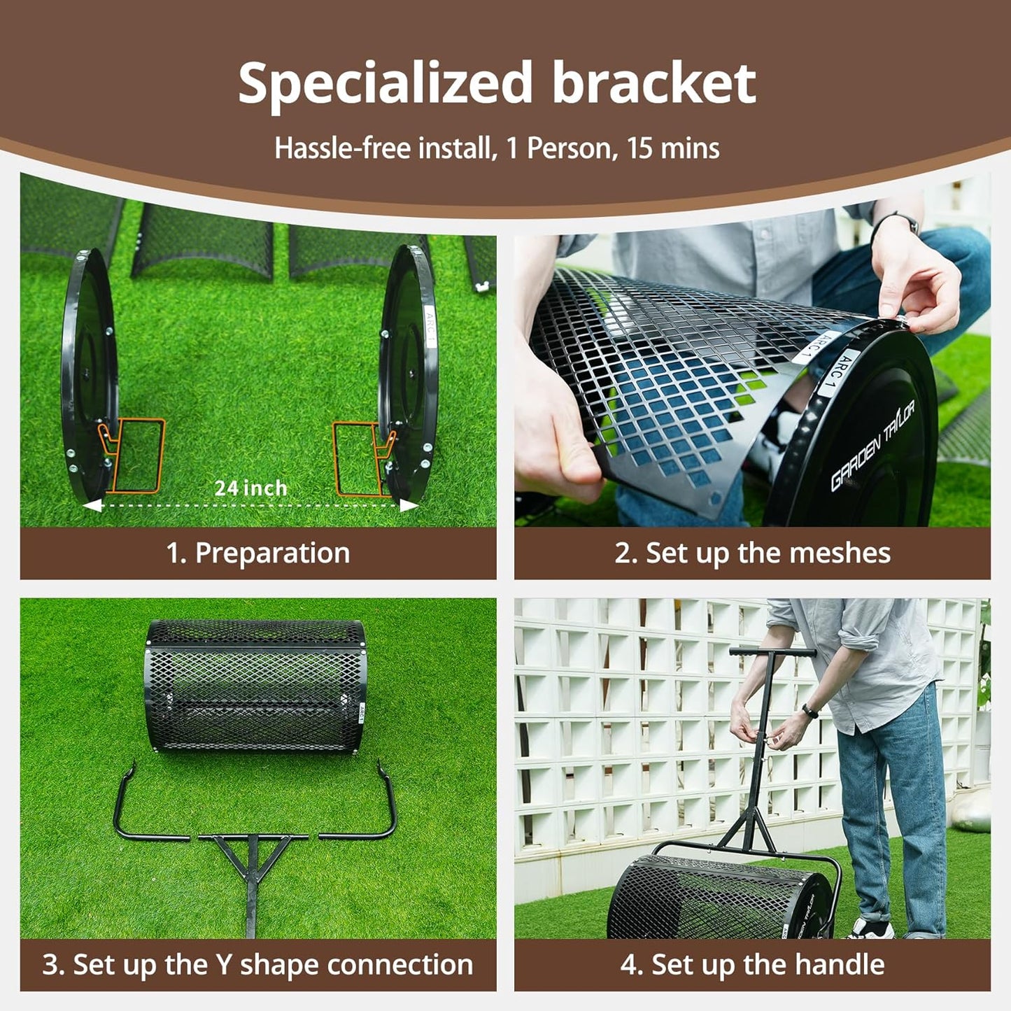 Compost Spreader 24 Inch Peat Moss Spreader with Installation Support Accessories, Metal Mesh Roller Lawn Spreader for Top Soil, Manure, Mulch, Top Dressing - Garden spreaders for lawns