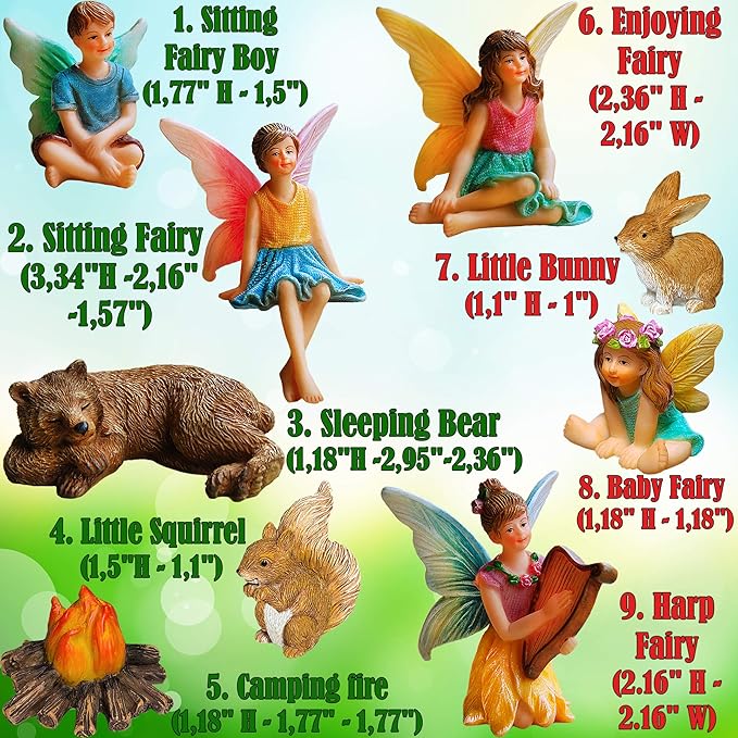 Mood Lab Fairy Garden - Miniature Fairies Figurines Accessories - Camping Kit of 9 pcs - Set for Outdoor or House Decor
