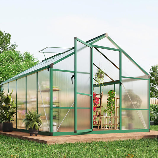 8×10 FT Greenhouse, Large Walk in Greenhouses for Outdoors and Garden Planting, Polycarbonate Greenhouse with Enhanced Aluminum Frame, Green Houses with Quick Setup Structure and Roof Vent, Green