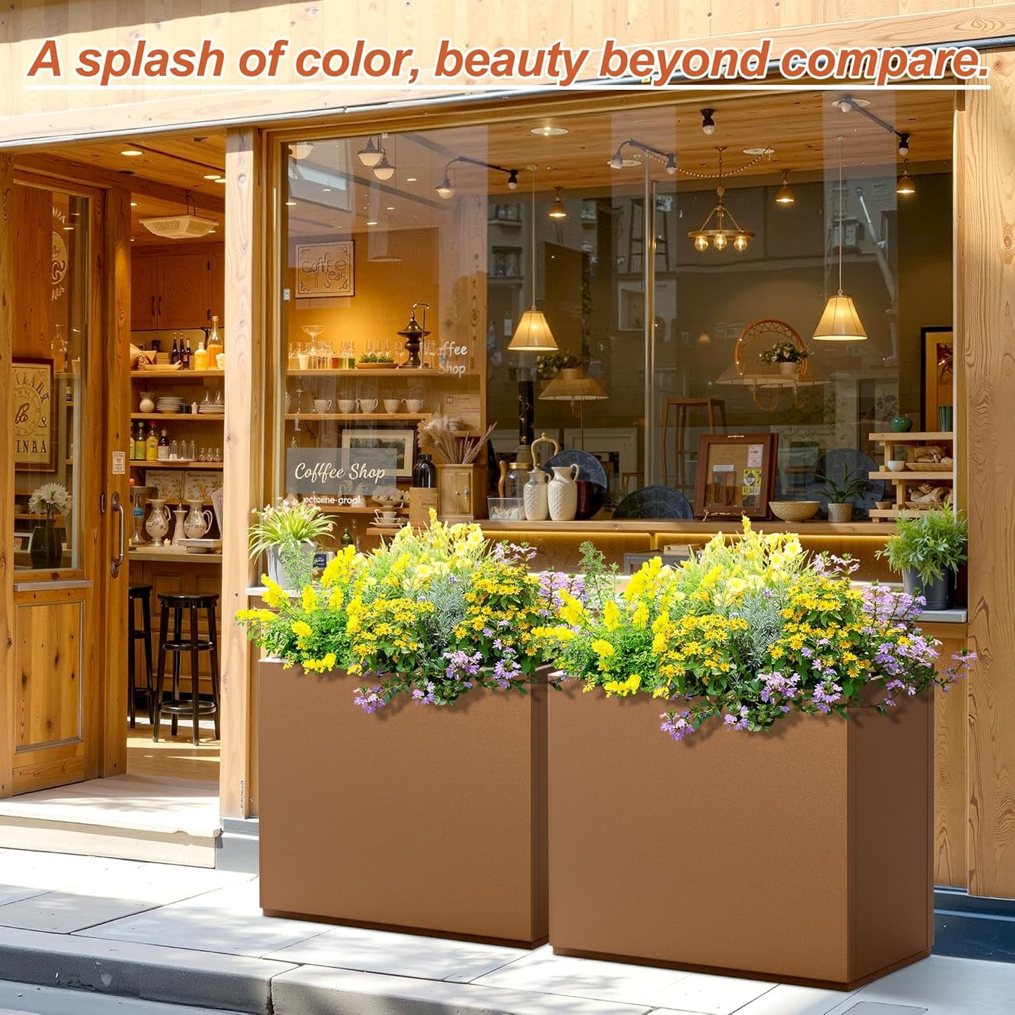 Metal Rectangular Planter for Outdoor Plants, Coated Large Planter Box with Drainage, Outdoor Patio PLanters with Sturdy Thickened Divider for Yard, Garden