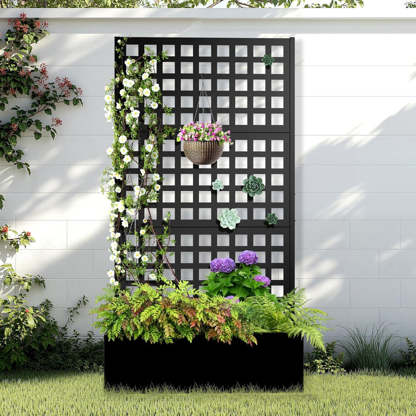 Metal Raised Garden Bed with Trellis, 2 in 1 Trellis with Planter Box & Privacy Screen for Climbing Plants, Vine, Outdoor Standing Flower Beds with Drainage Holes, 35.4"L x 16.7"W x 70.8"H, Black