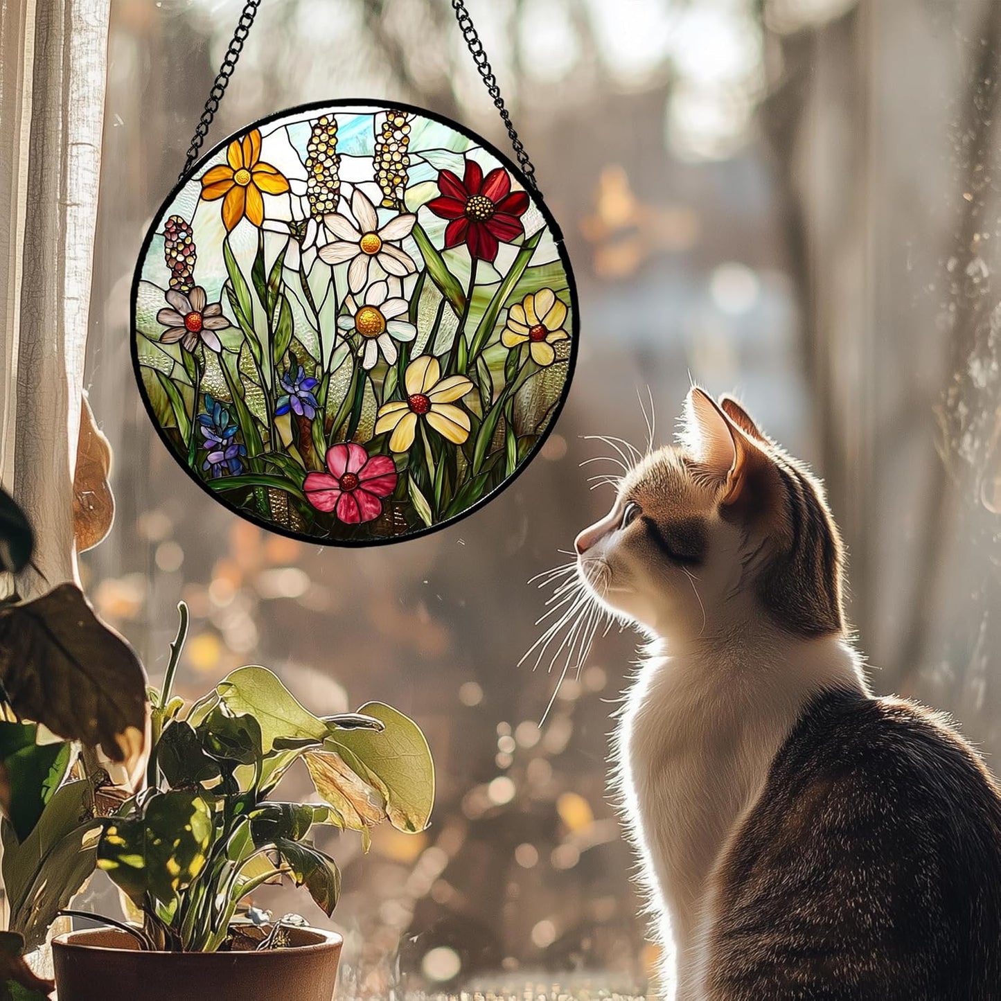 Stained Glass Window Hanging, Colorful Wildflowers Plant Scenery Suncatcher for Doors Window Home White Green Sun Catchers Decor Mother's Day Birthday Gifts for Women, Men Mom 9.8 in