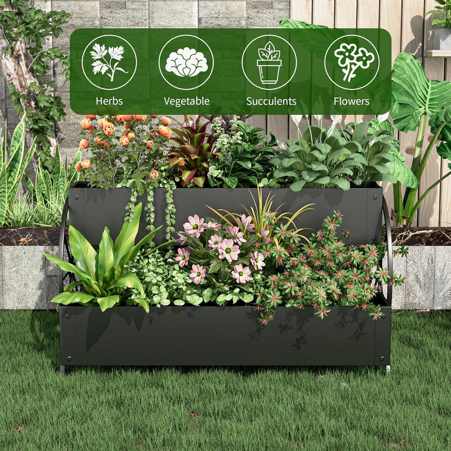 Metal Wagon Planter Box, 3-Tier Garden Planter with Wagon Wheels, Decorative Outdoor Planters for Flowers Herbs Vegetables, Flower Cart Small Raised Garden Bed for Patio, Balcony (Black)