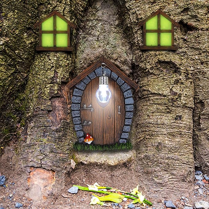 Juegoal Fairy Gnome Home Miniature Window and Door with Litter lamp for Trees Decoration, Glow in Dark Fairies Sleeping Door and Windows, Yard Art Garden Sculpture, Lawn Ornament Decor