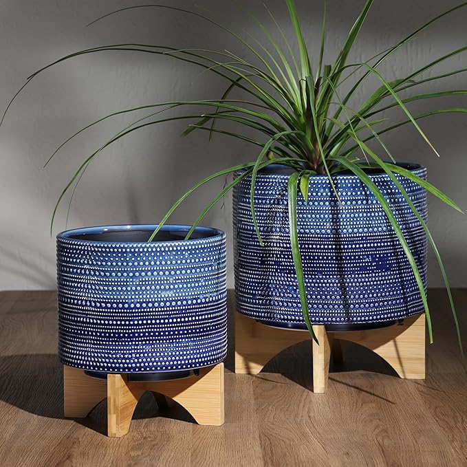 Sagebrook Home Textured Ceramic Planter with Wood Stand, Elevated Indoor/Outdoor Planter, Blue with Gray Dots, 8 L x 8 W x 10 H