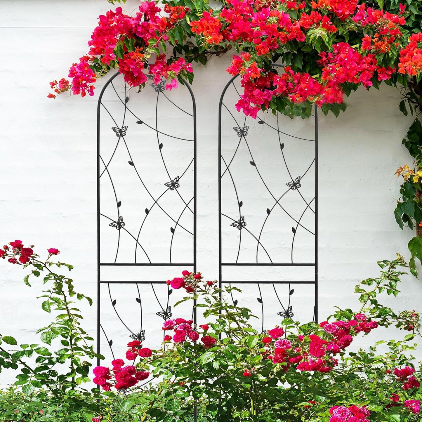 6 Pack Metal Garden Trellis for Climbing Plants, 86.7" Tall Rustproof Outdoor Trellis Panel with Butterfly Design, Decorative Black Iron Plant Support for Vine, Rose, Flower, Garden Wall