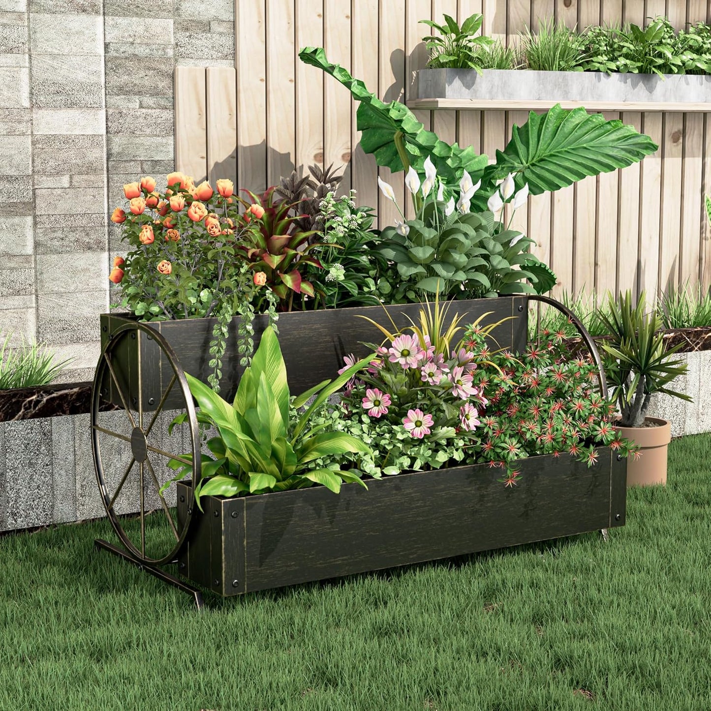 Metal Wagon Planter Box, 2-Tier Garden Planter with Wagon Wheels, Decorative Outdoor Planters for Flowers Herbs Vegetables, Flower Cart Small Raised Garden Bed for Patio, Balcony (Retro Gold)