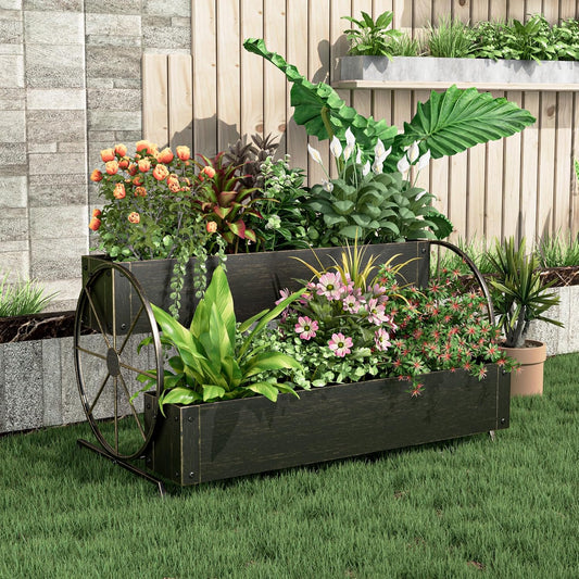 Metal Wagon Planter Box, 2-Tier Garden Planter with Wagon Wheels, Decorative Outdoor Planters for Flowers Herbs Vegetables, Flower Cart Small Raised Garden Bed for Patio, Balcony (Retro Gold)