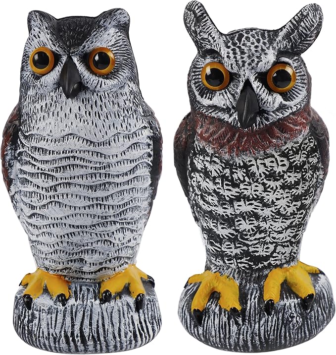 Hausse 2 Pack Fake Owl Decoy Bird Scarecrow Sculpture, Plastic Horned Owl Bird Deterrents with Yellow Claws, Garden Protectors, Large Nature Enemy Pest Repellent for Outdoor Garden Yard