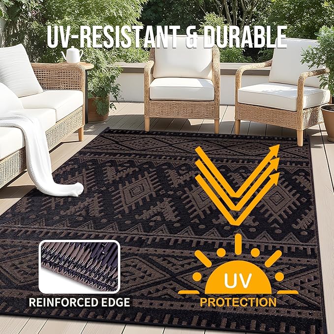OLANLY Outdoor Rug Waterproof 9x12 ft, Reversible Outdoor Plastic Straw Rug, Boho Patio Rug, Indoor Outdoor Carpet, RV Mat Outside for Patio, Camp, Picnic, Balcony, Deck, Backyard, Black & Brown