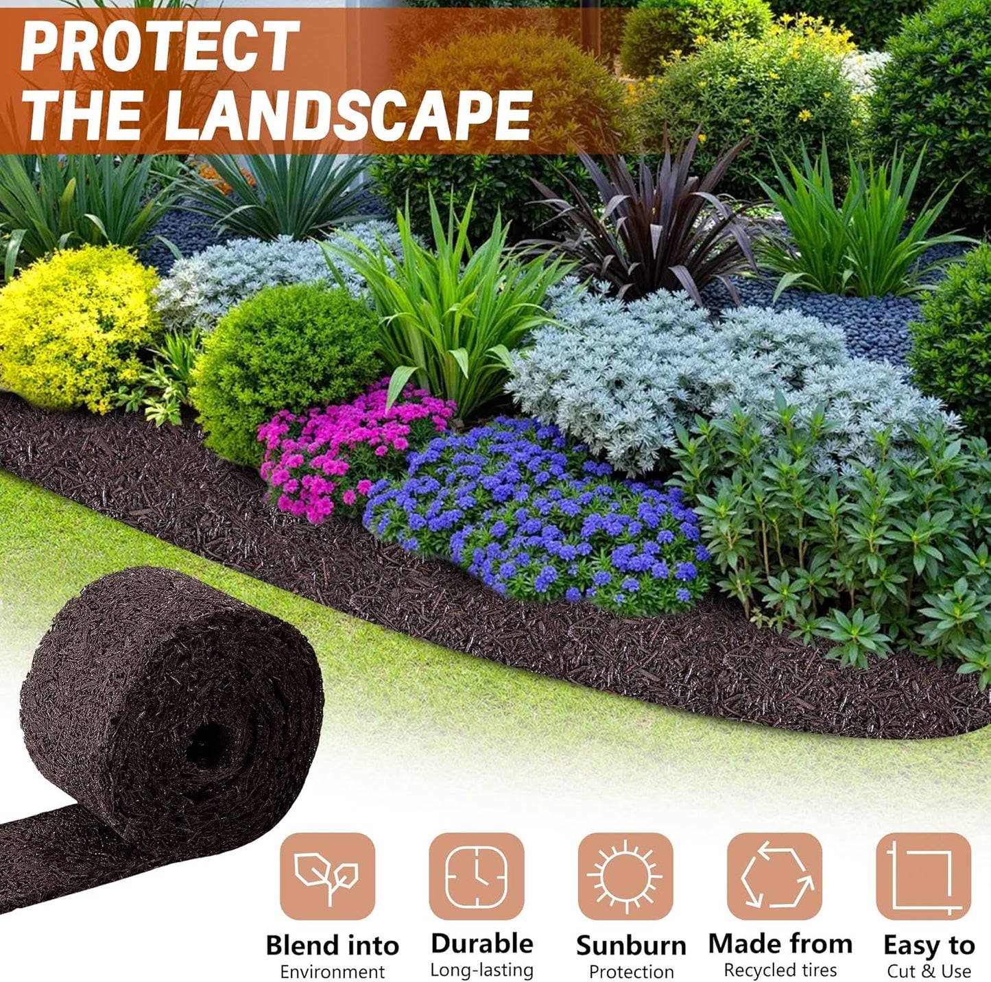 DECOHS 140" x 5.5" Recycled Rubber Mulch Mat Roll for Landscaping, Permanent Garden Pathway Mulch Barrier, Rubber Mulch Walkway Pathway Mat for Plants, Vegetable and Flower Outdoor (Brown)