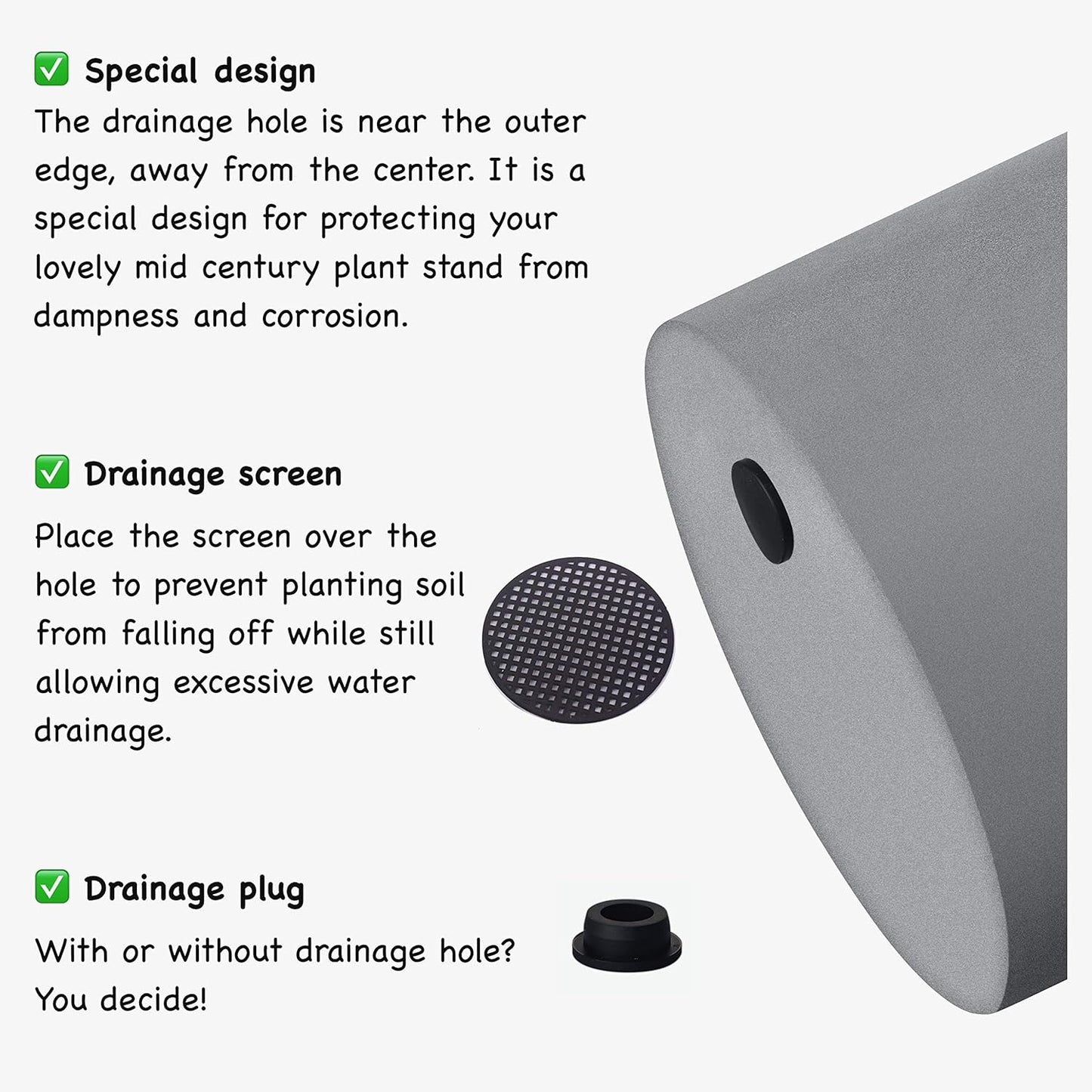 FaithLand Plant Pot 14 inch - Perfectly Fits Mid-Century Modern Plant Stand - Drainage Plug and Drainage Mesh Screen - Gray Planter Pot.