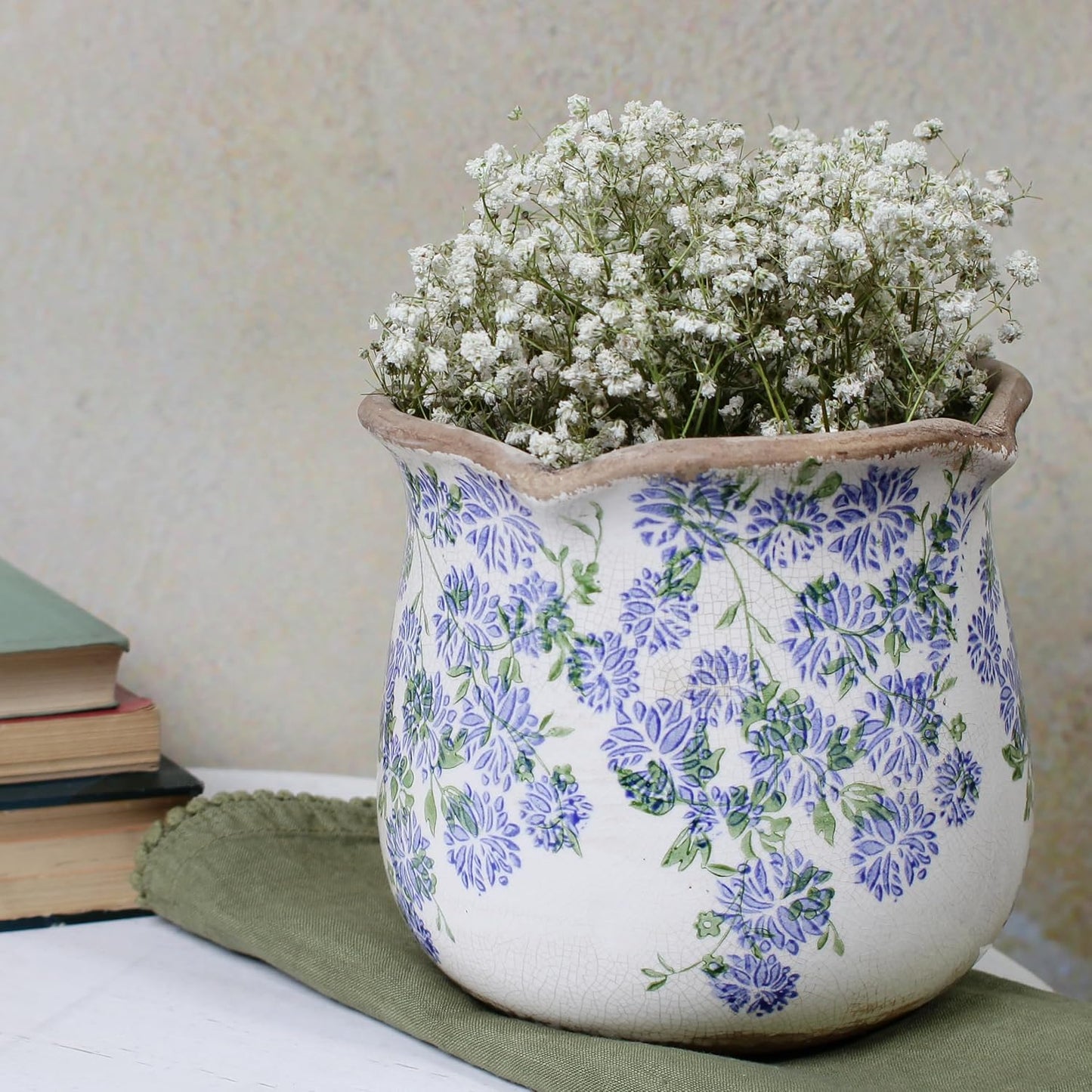 Ceramic Pots for Plants, Vintage Plant Pot with Drainage Hole, 6.11in. Planter for Indoor Plants, Crackle Glaze Finish Flower Pot, Perfect Tuscan Ceramic Planter for Gardening, Antique Blue Meadow