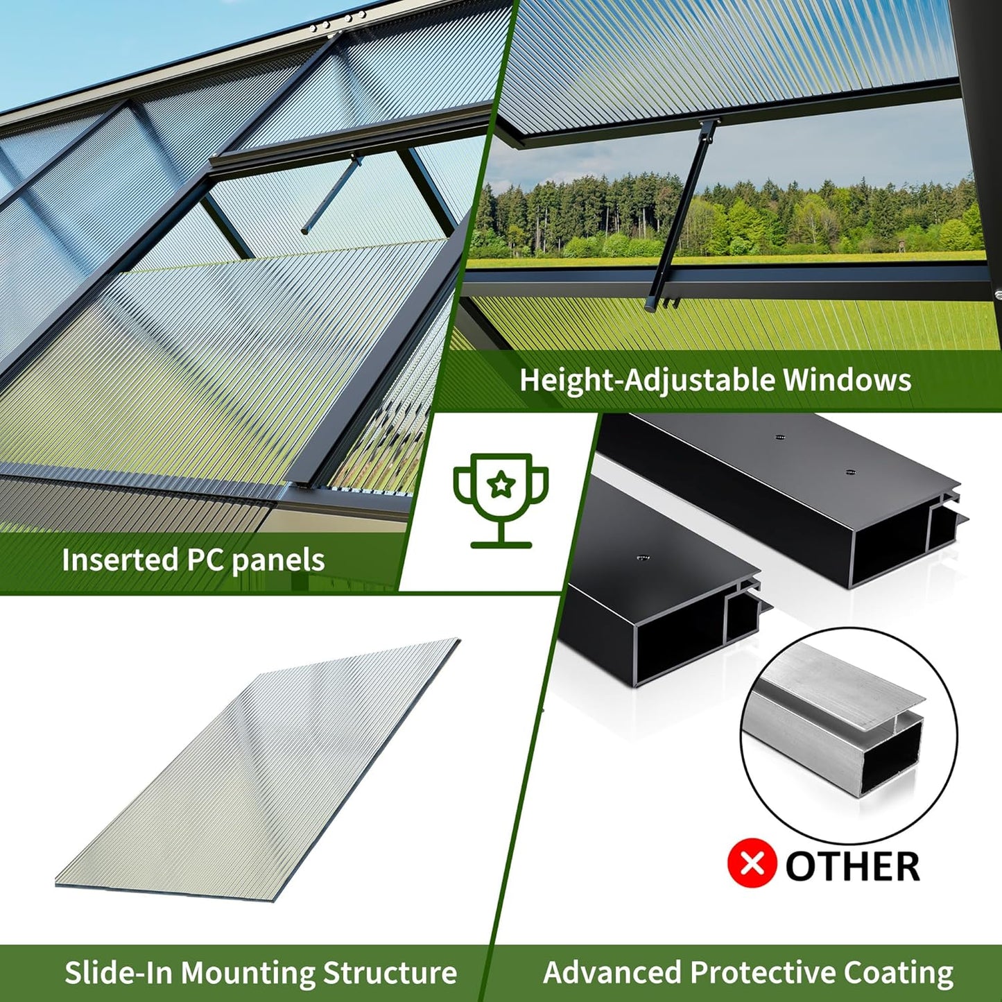 WKM Greenhouse - 5.6x3.7 FT Quick-fit Aluminum Structure with Window Ventilation, Black