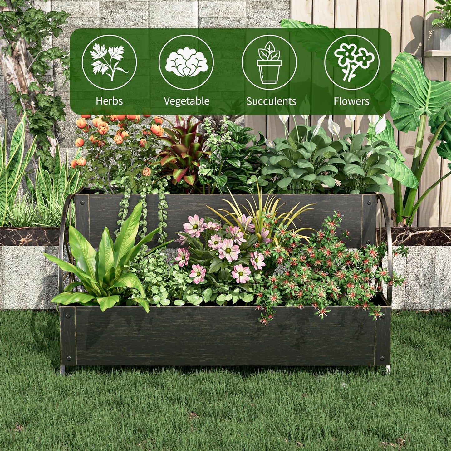 Metal Wagon Planter Box, 2-Tier Garden Planter with Wagon Wheels, Decorative Outdoor Planters for Flowers Herbs Vegetables, Flower Cart Small Raised Garden Bed for Patio, Balcony (Retro Gold)