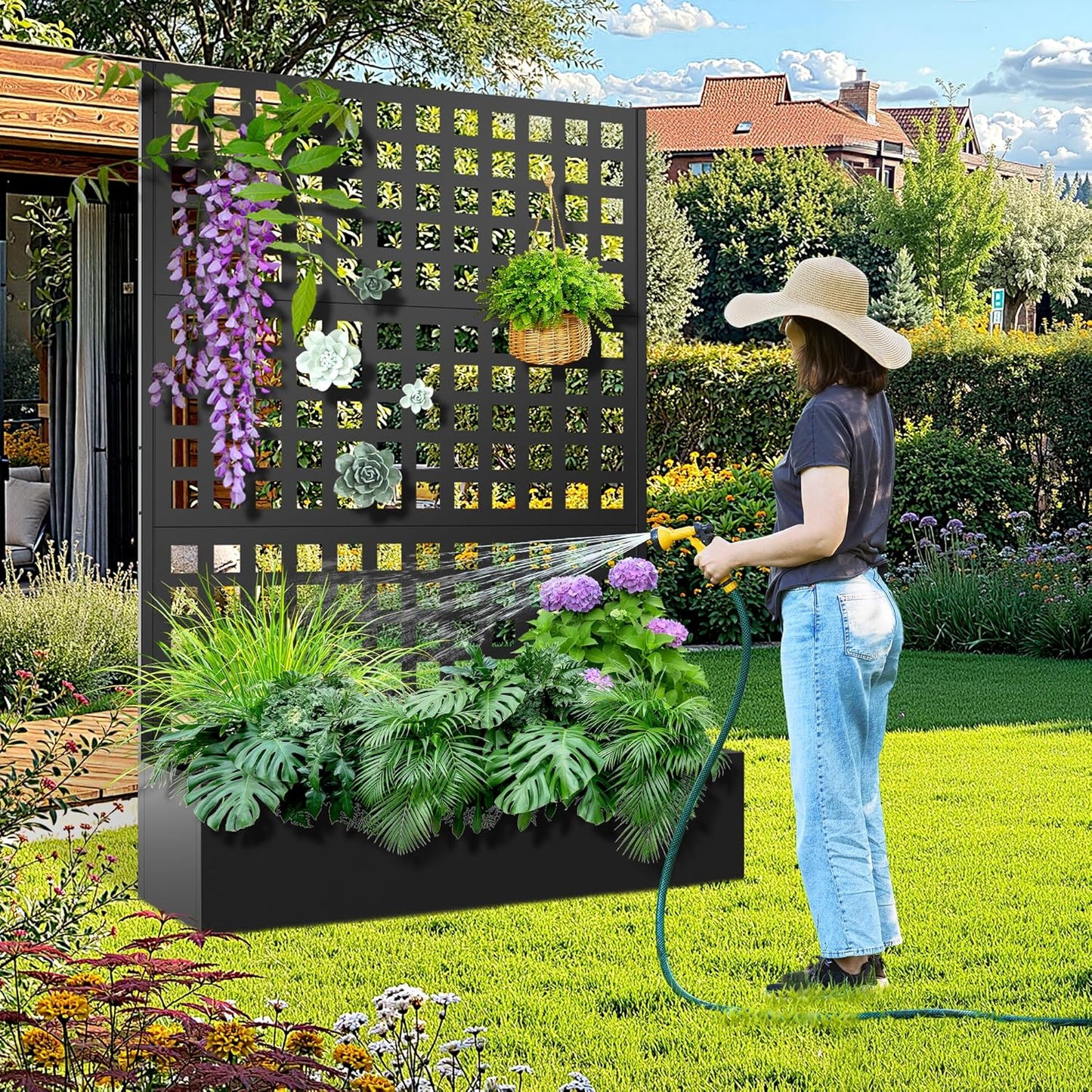 Metal Raised Garden Bed with Trellis, 2 in 1 Trellis with Planter Box & Privacy Screen for Climbing Plants, Vine, Outdoor Standing Flower Beds with Drainage Holes, 47.2"L x 16.7"W x 70.8"H, Black