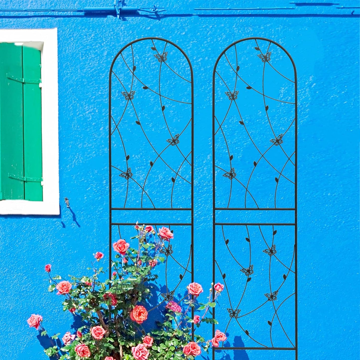 4 Pack Metal Garden Trellis for Climbing Plants, 71" Tall Rustproof Outdoor Trellis Panel with Butterfly Design, Decorative Black Iron Plant Support for Vine, Rose, Flower, Garden Wall