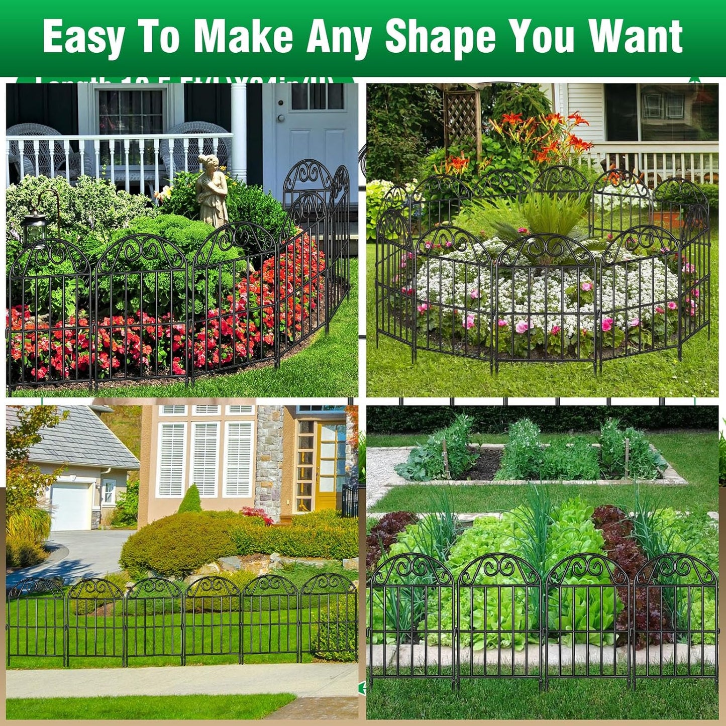 ADAVIN 10 Panels Collapsible Garden Fence Animal Barrier Fence,11ft(L) x 24in(H) Black Rustproof Metal Wire Panel Border for Dogs Rabbits, Flower Edging for Landscape Patio Yard Outdoor Decor, Arched