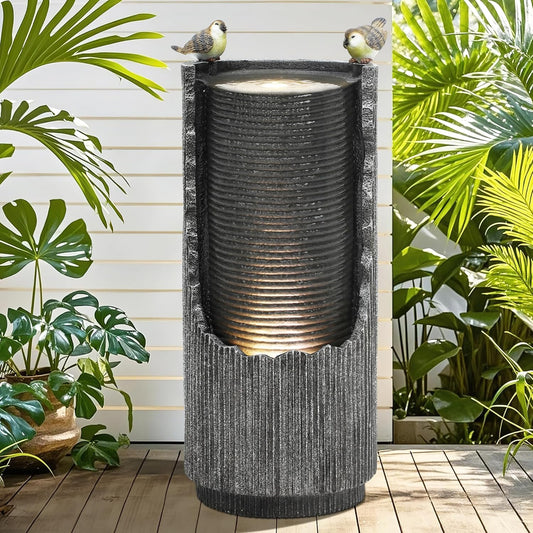 32" Rustic Cracked Jar Water Fountain Outdoor with LED Lights, Polyresin Freestanding Waterfall Feature, Tranquil Oasis for Garden, Patio, Yard, or Porch