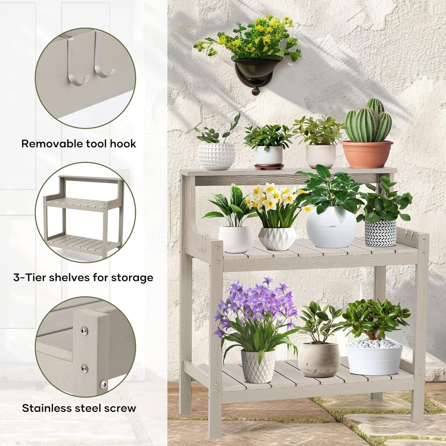 Potting Bench Outdoor Potting Table with 4 Side Hooks All-Weather Potters Benches HDPS Gardening Table Work Station Outdoor Potting Bench for Garden Porch Grey