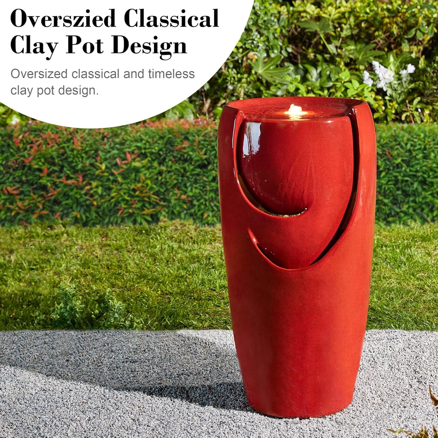 Glitzhome 29.25" H Oversized Ceramic Vase Outdoor Water Fountain Tall Patio Garden Water Fountain with LED Light and Submersible Pump Yard Art Decor, Red