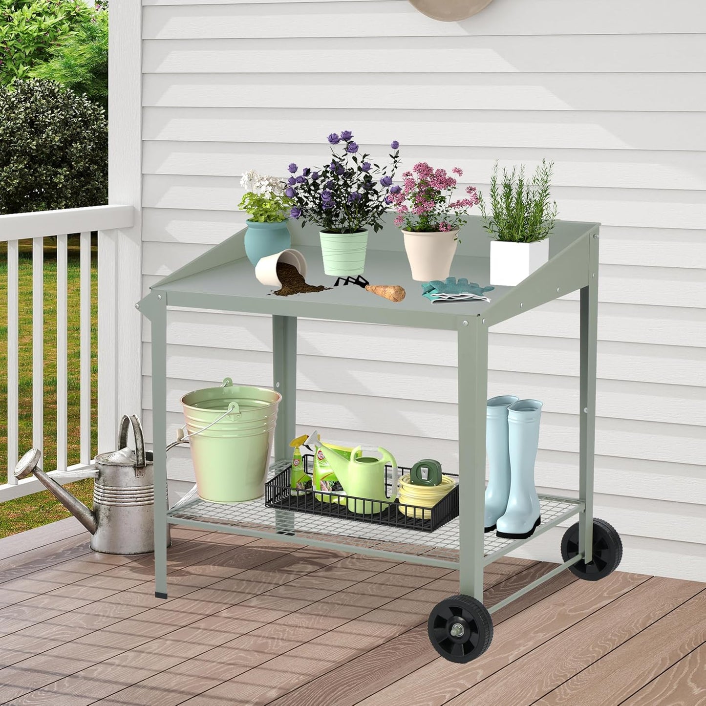 Outdoor Metal Potting Bench with Wheels, Heavy Duty Garden Workbench Table with Storage Shelf (Green, 36"x38.8")