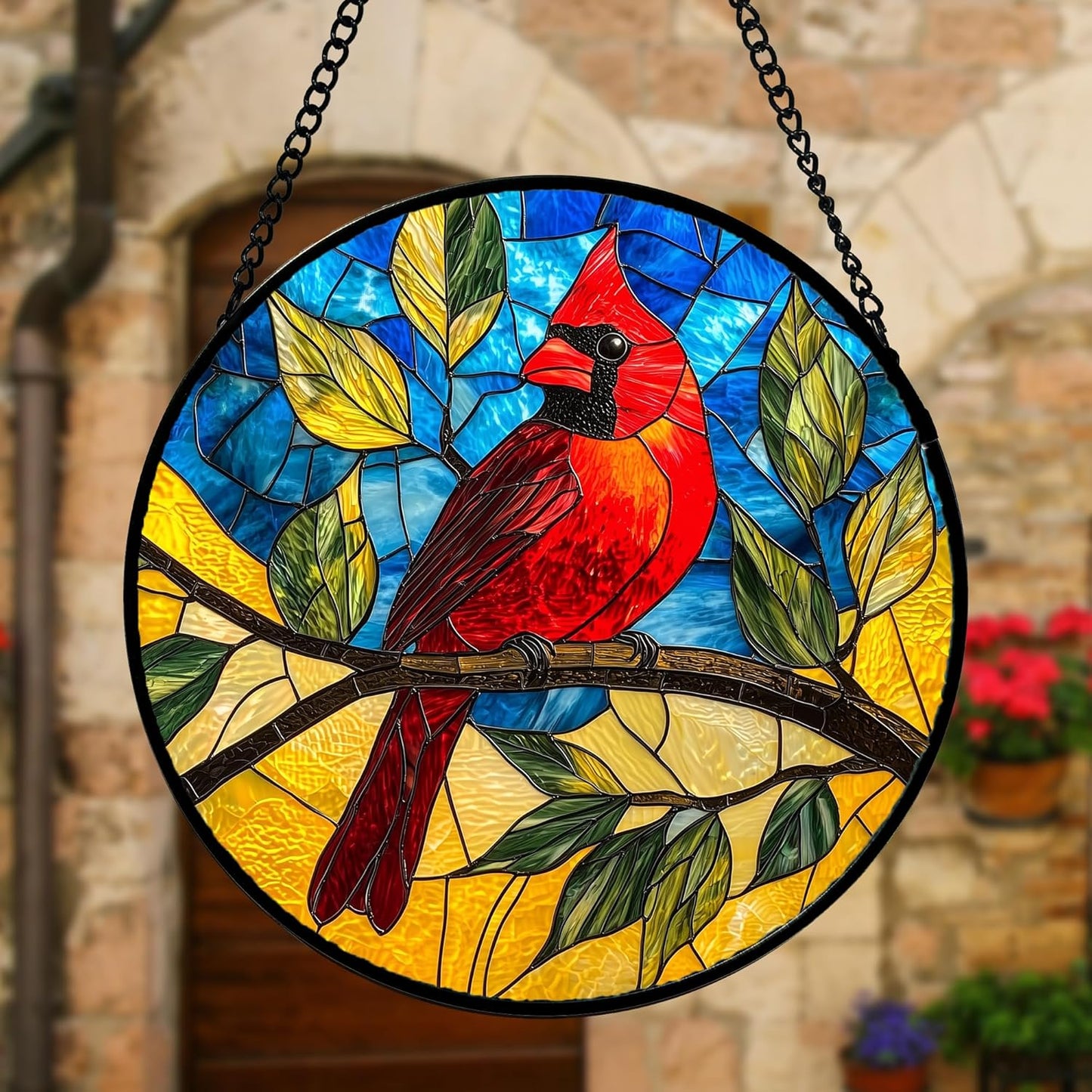 Stained Glass Window Hanging, Blue Sky Cardinal Sun Catchers Colorful Glass Panel Red Birds Suncatcher Decor for Birthday for Women, Men, Wife, Aunt, and Mom 9.8 in