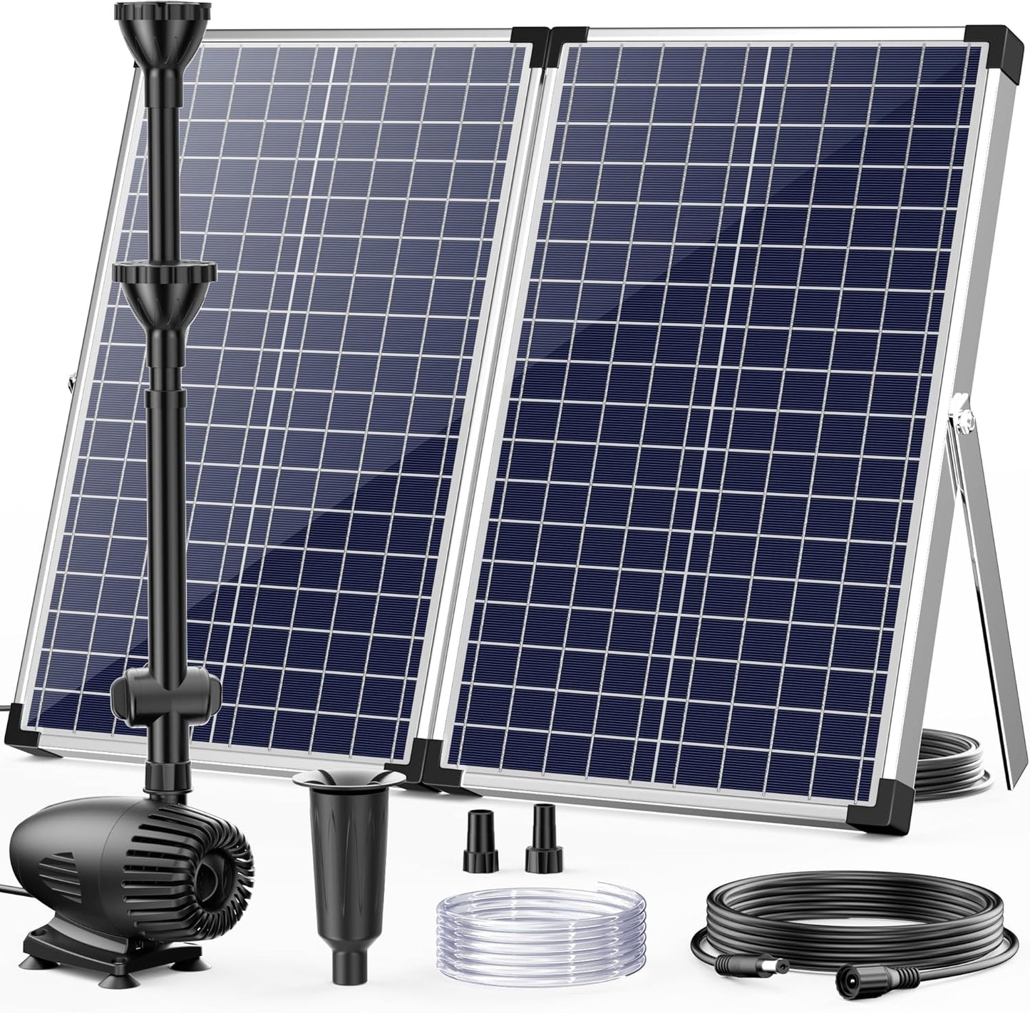 POPOSOAP 70W Solar Water Pump, Solar Water Fountain with Water Shortage Protection, Solar Pond Pump 580GPH Adjustable with PVC Clear Tubing, 17Ft+10Ft Cord for Ponds, Garden, Waterfall, Hydroponics