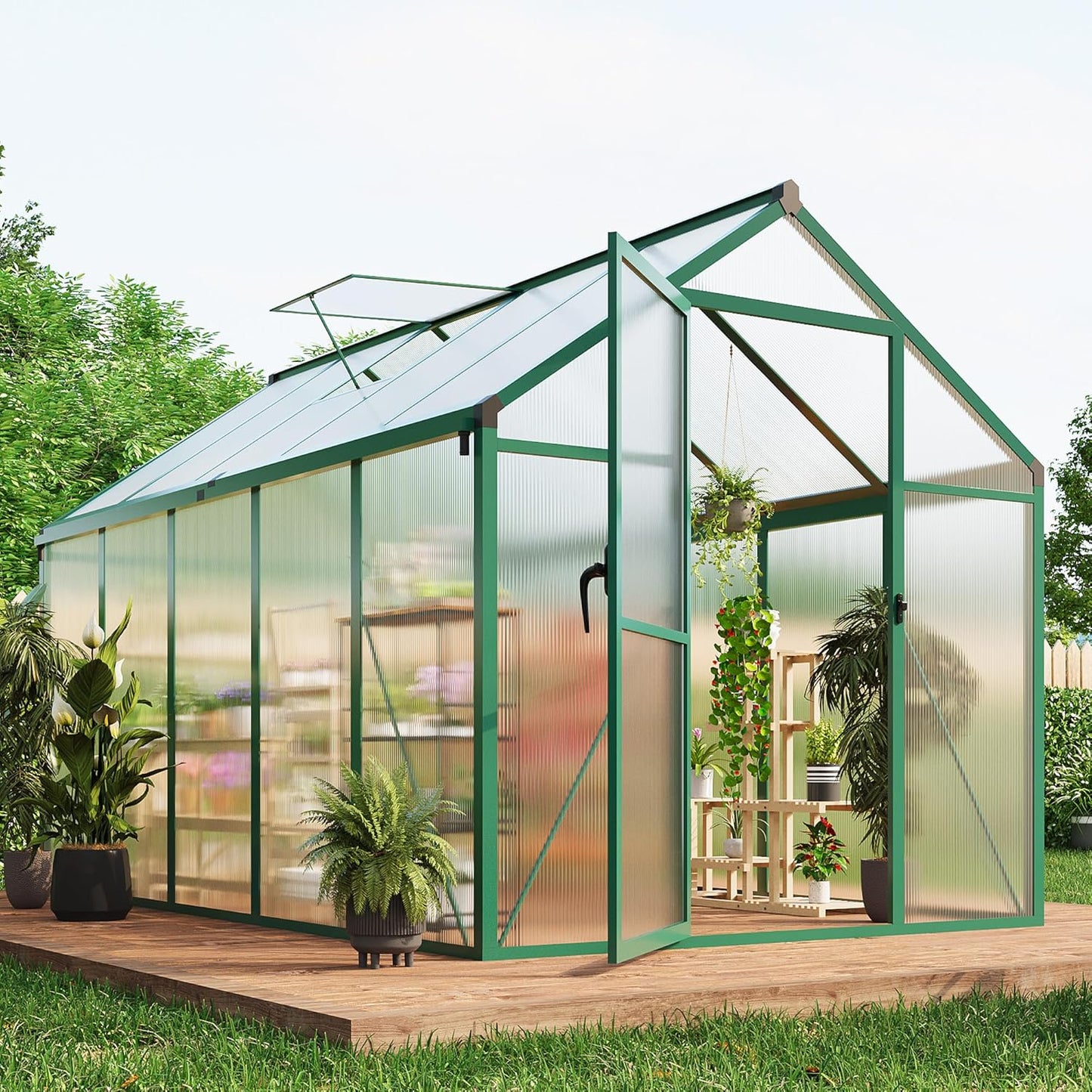 6x10 FT Greenhouse for Outdoors, Polycarbonate Flower Greenhouse with Roof Vent, Push-Pull Lockable Door, Aluminum Walk-in Greenhouses for Outside Garden Backyard, Patio, Lawn, Green